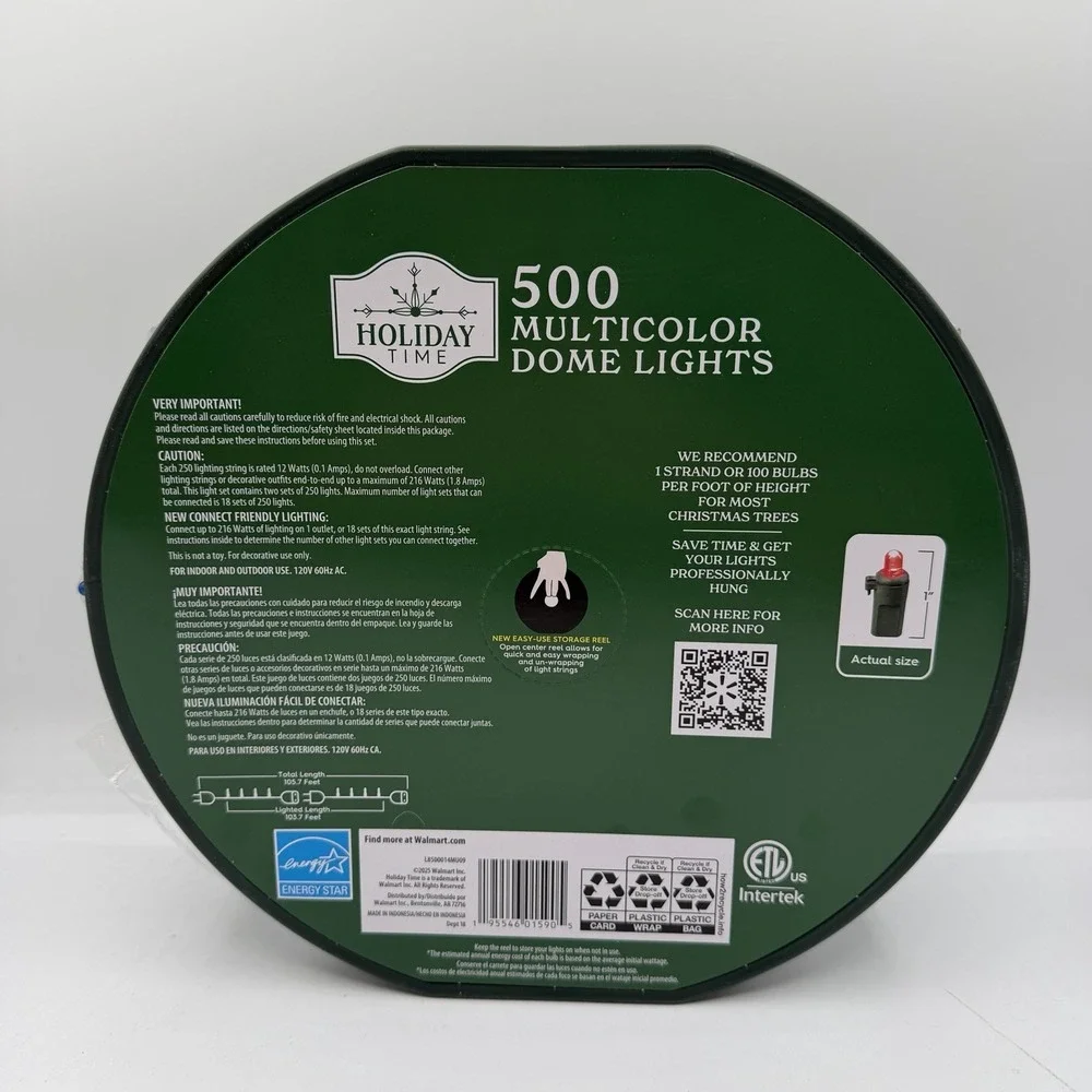 NEW Holiday Time 500-Count MULTICOLOR LED Dome Christmas‎ Lights GREEN WIRE